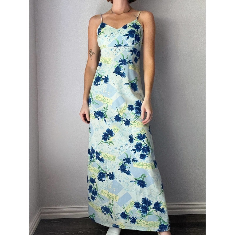 Vintage 90s/Y2K Blue Floral Printed Maxi Summer Slip Dress